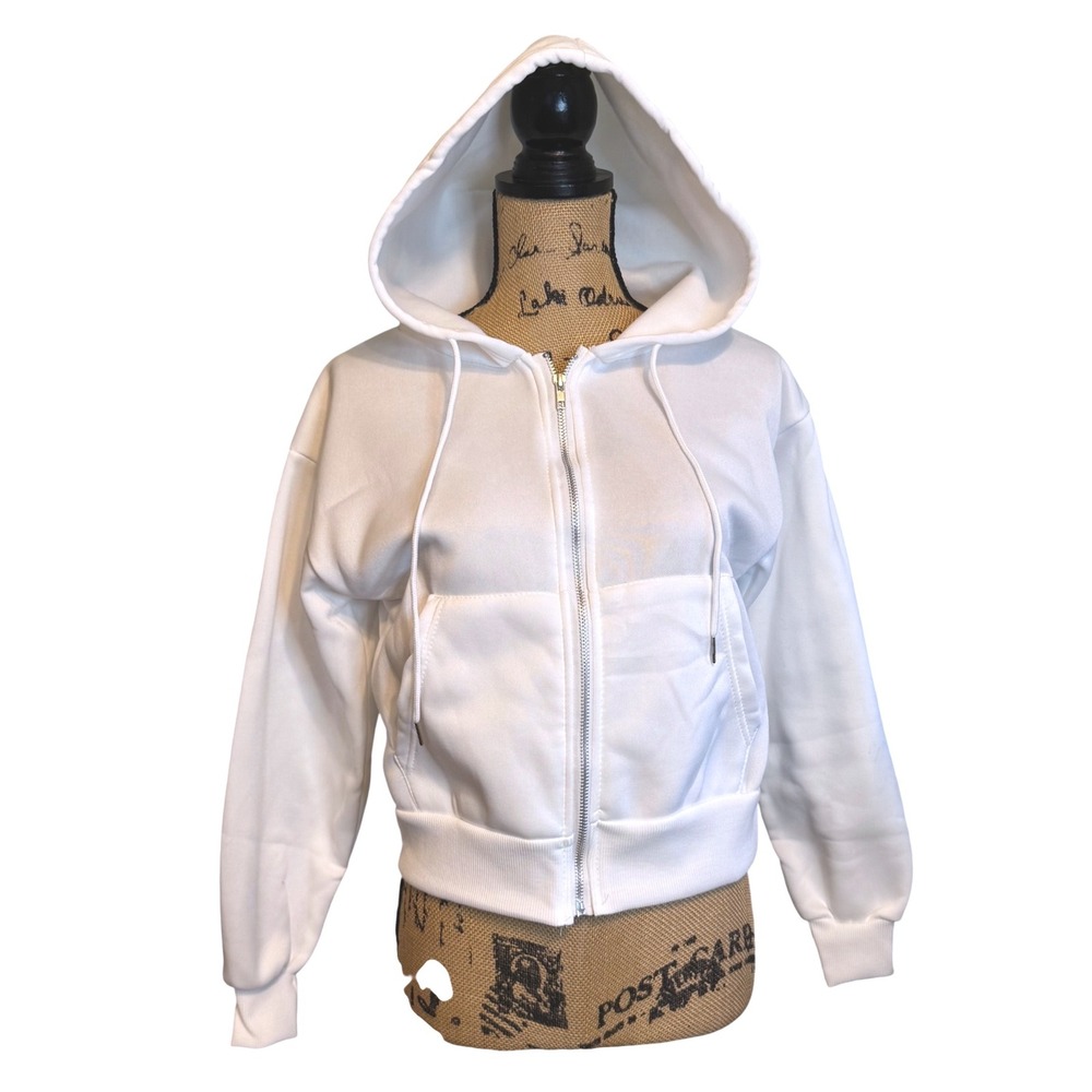 NWOT Womens Fleece Lined Hooded Comfy Full Zip Hoodie‎ Sweatshirt White Medium